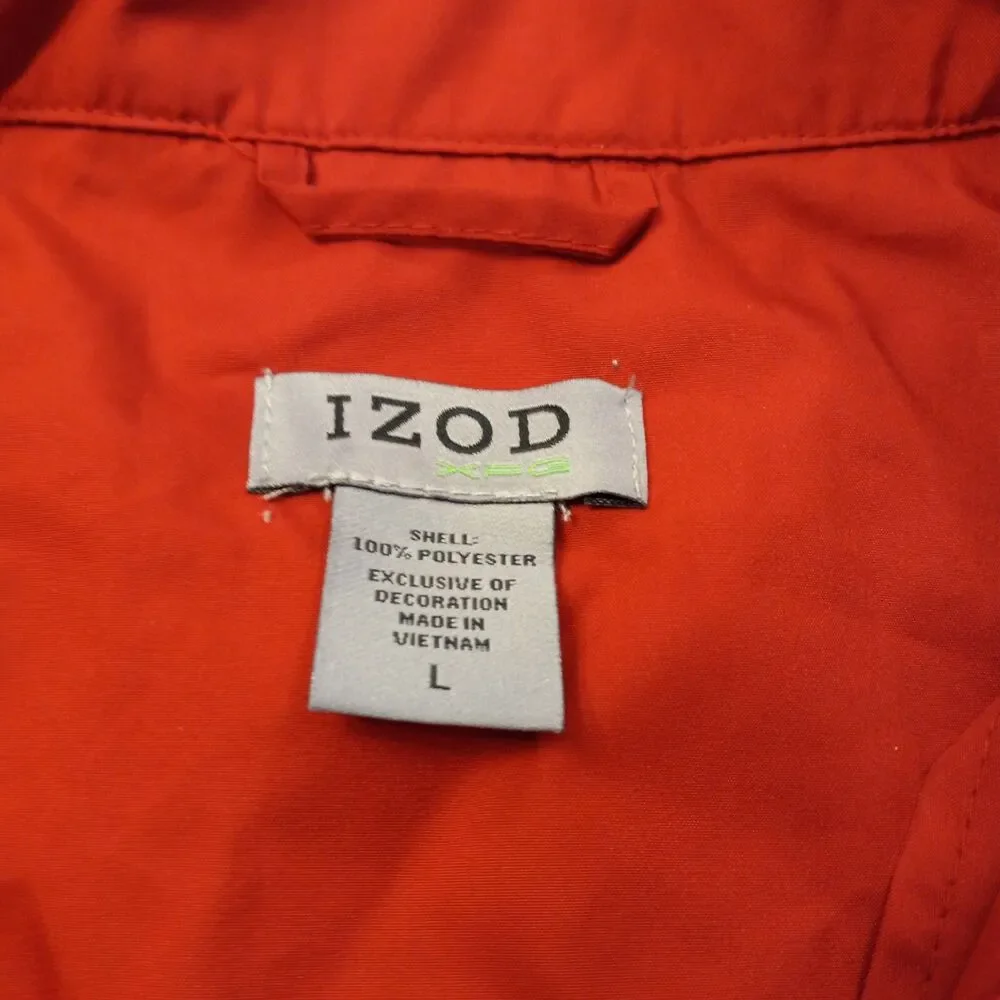 Mens Large IZOD Lightweight Jacket Windbreaker Polyester Red Hooded Pockets Vntg